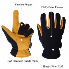 Winter Gloves - Deerskin Suede Leather Palm and Polar Fleece Back with Heatlok Insulated Cotton Layer